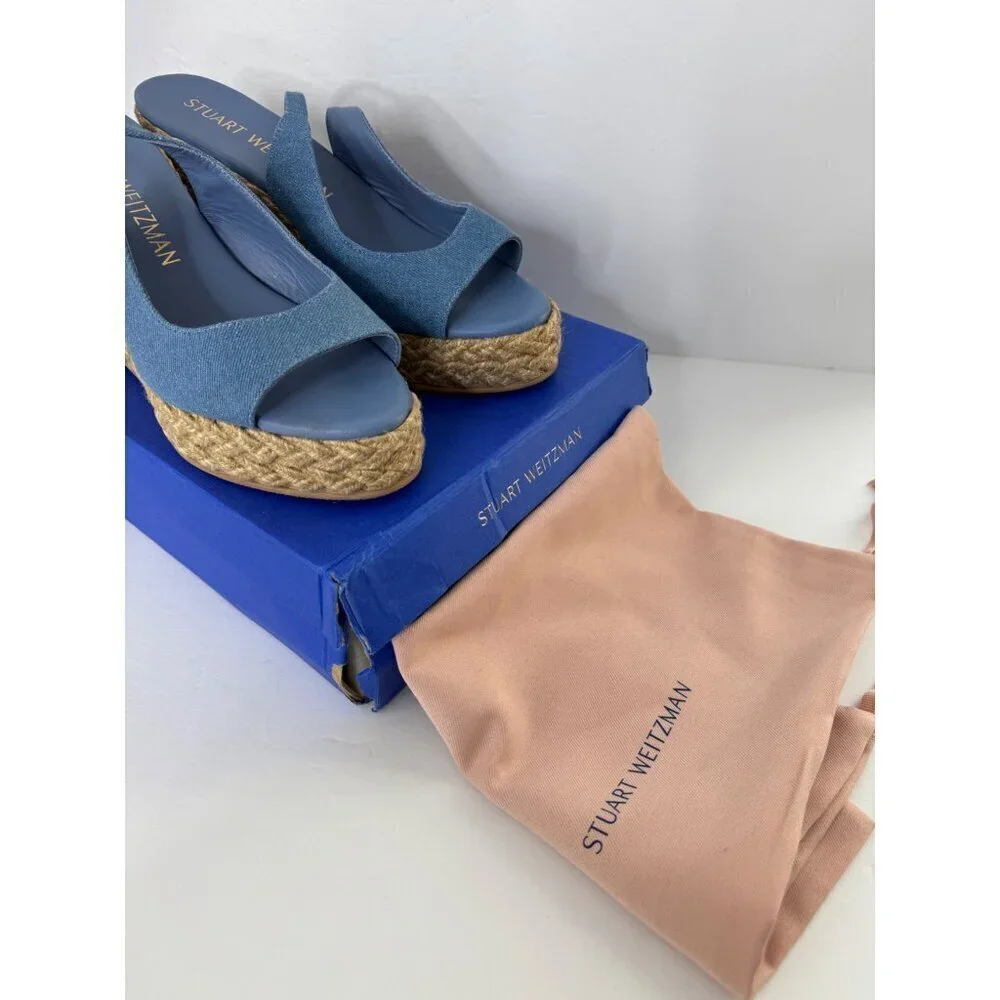 Stuart Weitzman Island Espadrille Wedge Sandal Peep Toe Jute & Denim Size 11